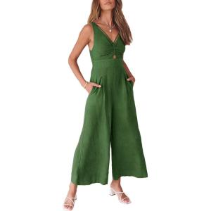 ANRABESS Women’s Jumpsuits Summer Wide Leg Sleeveless V Neck Casual Dressy Linen Pants Rompers 2025 Vacation Beach Outfits(Green)