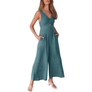 ANRABESS Women’s Jumpsuits Summer Wide Leg Sleeveless V Neck Casual Dressy Linen Pants Rompers 2025 Vacation Beach Outfits(Lake Blue)