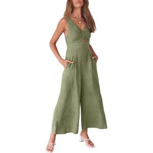 ANRABESS Women’s Jumpsuits Summer Wide Leg Sleeveless V Neck Casual Dressy Linen Pants Rompers 2025 Vacation Beach Outfits(Olive)