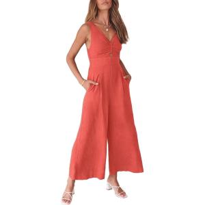 ANRABESS Women’s Jumpsuits Summer Wide Leg Sleeveless V Neck Casual Dressy Linen Pants Rompers 2025 Vacation Beach Outfits(Peach)