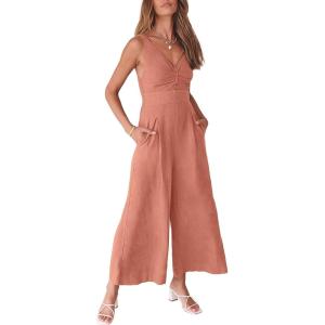 ANRABESS Women’s Jumpsuits Summer Wide Leg Sleeveless V Neck Casual Dressy Linen Pants Rompers 2025 Vacation Beach Outfits(Pink)