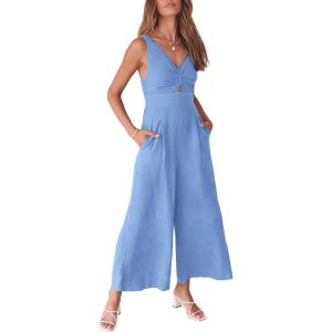 ANRABESS Women’s Jumpsuits Summer Wide Leg Sleeveless V Neck Casual Dressy Linen Pants Rompers 2025 Vacation Beach Outfits(Sky Blue)