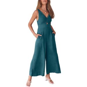 ANRABESS Women’s Jumpsuits Summer Wide Leg Sleeveless V Neck Casual Dressy Linen Pants Rompers 2025 Vacation Beach Outfits(Teal)