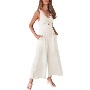 ANRABESS Women’s Jumpsuits Summer Wide Leg Sleeveless V Neck Casual Dressy Linen Pants Rompers 2025 Vacation Beach Outfits(White)