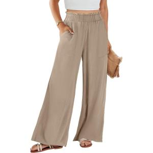 ANRABESS Womens Linen Pants 2025 Summer Casual Loose Wide Leg Palazzo Pants High Waist Flowy Beach Trousers Work Outfits(Khaki)