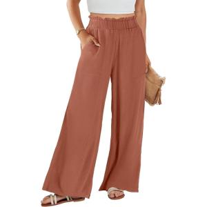 ANRABESS Womens Linen Pants 2025 Summer Casual Loose Wide Leg Palazzo Pants High Waist Flowy Beach Trousers Work Outfits(Rust Orange)