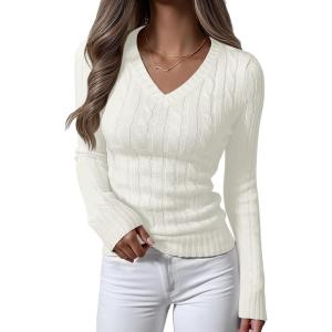 ANRABESS Womens Long Sleeve Cable Knit Sweater 2025 Fall Fashion V Neck Fitted Pullover Top Business Casual Work Fall Outfits(Cream White)