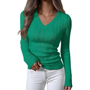 ANRABESS Womens Long Sleeve Cable Knit Sweater 2025 Fall Fashion V Neck Fitted Pullover Top Business Casual Work Fall Outfits(Green)