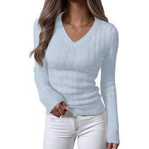 ANRABESS Womens Long Sleeve Cable Knit Sweater 2025 Fall Fashion V Neck Fitted Pullover Top Business Casual Work Fall Outfits(Light Blue)