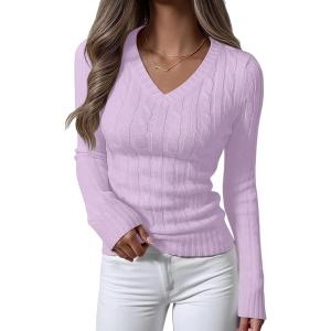 ANRABESS Womens Long Sleeve Cable Knit Sweater 2025 Fall Fashion V Neck Fitted Pullover Top Business Casual Work Fall Outfits(Light Purple)