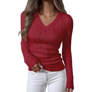 ANRABESS Womens Long Sleeve Cable Knit Sweater 2025 Fall Fashion V Neck Fitted Pullover Top Business Casual Work Fall Outfits(Red)