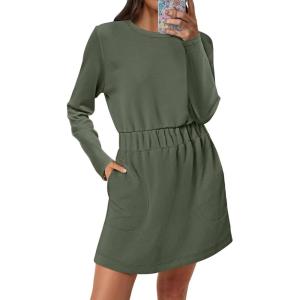 ANRABESS Womens Long Sleeve Dress 2025 Fall Casual Elastic Waist Short Mini T Shirt Dresses with Pockets Travel Outfits(Army Green)