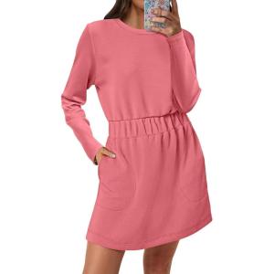 ANRABESS Womens Long Sleeve Dress 2025 Fall Casual Elastic Waist Short Mini T Shirt Dresses with Pockets Travel Outfits(Coral)
