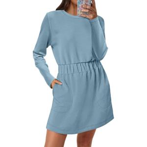 ANRABESS Womens Long Sleeve Dress 2025 Fall Casual Elastic Waist Short Mini T Shirt Dresses with Pockets Travel Outfits(Lake Blue)