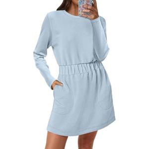 ANRABESS Womens Long Sleeve Dress 2025 Fall Casual Elastic Waist Short Mini T Shirt Dresses with Pockets Travel Outfits(Light Blue)