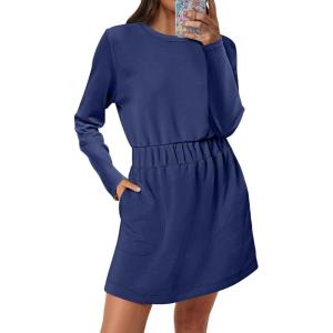 ANRABESS Womens Long Sleeve Dress 2025 Fall Casual Elastic Waist Short Mini T Shirt Dresses with Pockets Travel Outfits(Navy Blue)