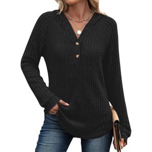 ANRABESS Womens Long Sleeve Henley Tops Ribbed Knit Hoodie Shirts 2025 Fall Loose Fit Lightweight Hooded Sweaters(Black)