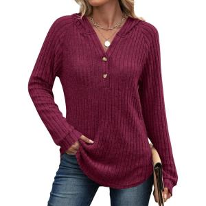 ANRABESS Womens Long Sleeve Henley Tops Ribbed Knit Hoodie Shirts 2025 Fall Loose Fit Lightweight Hooded Sweaters(Burgundy)