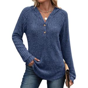 ANRABESS Womens Long Sleeve Henley Tops Ribbed Knit Hoodie Shirts 2025 Fall Loose Fit Lightweight Hooded Sweaters(Dark Blue)