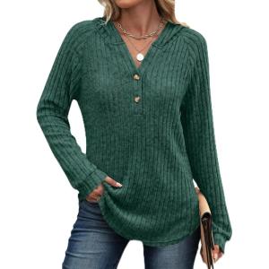 ANRABESS Womens Long Sleeve Henley Tops Ribbed Knit Hoodie Shirts 2025 Fall Loose Fit Lightweight Hooded Sweaters(Green)