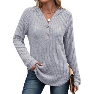 ANRABESS Womens Long Sleeve Henley Tops Ribbed Knit Hoodie Shirts 2025 Fall Loose Fit Lightweight Hooded Sweaters(Grey)