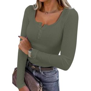 ANRABESS Women’s Long Sleeve Henley Tops Ribbed Knit Slim Fitted Trendy T Shirt Basic Tees Layer 2025 Fall Fashion Outfits(Army Green)