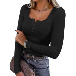 ANRABESS Women’s Long Sleeve Henley Tops Ribbed Knit Slim Fitted Trendy T Shirt Basic Tees Layer 2025 Fall Fashion Outfits(Black)