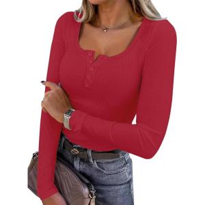 ANRABESS Women’s Long Sleeve Henley Tops Ribbed Knit Slim Fitted Trendy T Shirt Basic Tees Layer 2025 Fall Fashion Outfits(Bright Red)