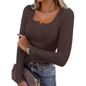 ANRABESS Women’s Long Sleeve Henley Tops Ribbed Knit Slim Fitted Trendy T Shirt Basic Tees Layer 2025 Fall Fashion Outfits(Deep Brown)