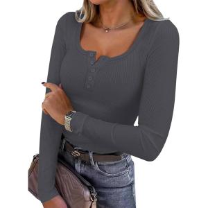 ANRABESS Women’s Long Sleeve Henley Tops Ribbed Knit Slim Fitted Trendy T Shirt Basic Tees Layer 2025 Fall Fashion Outfits(Deep Grey)