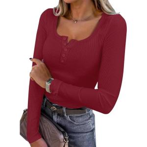 ANRABESS Women’s Long Sleeve Henley Tops Ribbed Knit Slim Fitted Trendy T Shirt Basic Tees Layer 2025 Fall Fashion Outfits(Deep Red)