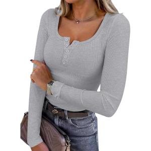 ANRABESS Women’s Long Sleeve Henley Tops Ribbed Knit Slim Fitted Trendy T Shirt Basic Tees Layer 2025 Fall Fashion Outfits(Grey)