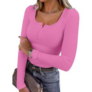 ANRABESS Women’s Long Sleeve Henley Tops Ribbed Knit Slim Fitted Trendy T Shirt Basic Tees Layer 2025 Fall Fashion Outfits(Hot Pink)