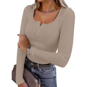 ANRABESS Women’s Long Sleeve Henley Tops Ribbed Knit Slim Fitted Trendy T Shirt Basic Tees Layer 2025 Fall Fashion Outfits(Light Khaki)