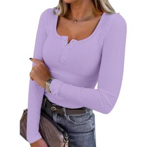 ANRABESS Women’s Long Sleeve Henley Tops Ribbed Knit Slim Fitted Trendy T Shirt Basic Tees Layer 2025 Fall Fashion Outfits(Light Purple)