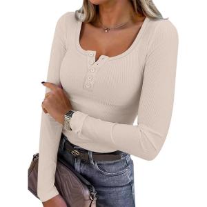 ANRABESS Women’s Long Sleeve Henley Tops Ribbed Knit Slim Fitted Trendy T Shirt Basic Tees Layer 2025 Fall Fashion Outfits(Nature)