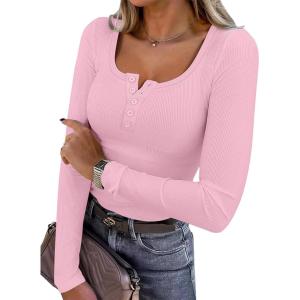 ANRABESS Women’s Long Sleeve Henley Tops Ribbed Knit Slim Fitted Trendy T Shirt Basic Tees Layer 2025 Fall Fashion Outfits(Pink)