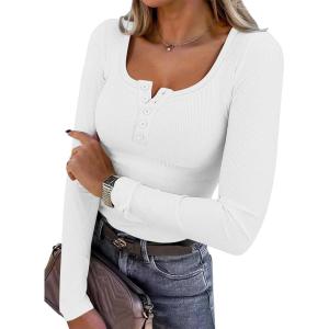 ANRABESS Women’s Long Sleeve Henley Tops Ribbed Knit Slim Fitted Trendy T Shirt Basic Tees Layer 2025 Fall Fashion Outfits(White)