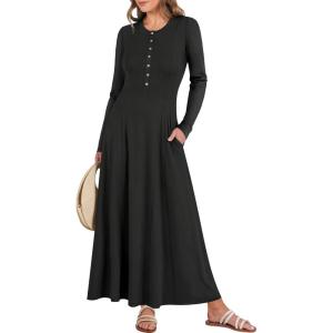 ANRABESS Women’s Long Sleeve Maxi Dress 2025 Fall Casual Button Fit & Flare A-Line Swing Flowy Long Dresses Winter Trendy(Black)
