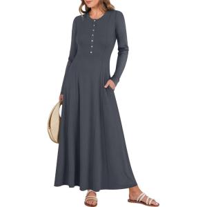 ANRABESS Women’s Long Sleeve Maxi Dress 2025 Fall Casual Button Fit & Flare A-Line Swing Flowy Long Dresses Winter Trendy(Dark Gray)