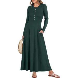 ANRABESS Women’s Long Sleeve Maxi Dress 2025 Fall Casual Button Fit & Flare A-Line Swing Flowy Long Dresses Winter Trendy(Deep Green)