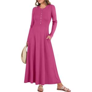 ANRABESS Women’s Long Sleeve Maxi Dress 2025 Fall Casual Button Fit & Flare A-Line Swing Flowy Long Dresses Winter Trendy(Hot Pink)