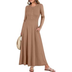 ANRABESS Women’s Long Sleeve Maxi Dress 2025 Fall Casual Button Fit & Flare A-Line Swing Flowy Long Dresses Winter Trendy(Khaki)