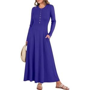 ANRABESS Women’s Long Sleeve Maxi Dress 2025 Fall Casual Button Fit & Flare A-Line Swing Flowy Long Dresses Winter Trendy(Royal Blue)