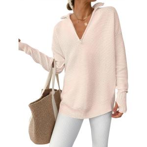 ANRABESS Womens Long Sleeve Quarter Zip Pullover Sweater Casual Loose V Neck Collared Ribbed Knit Jumper Tops Thumb Hole(Almond)