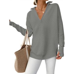 ANRABESS Womens Long Sleeve Quarter Zip Pullover Sweater Casual Loose V Neck Collared Ribbed Knit Jumper Tops Thumb Hole(Army Green)