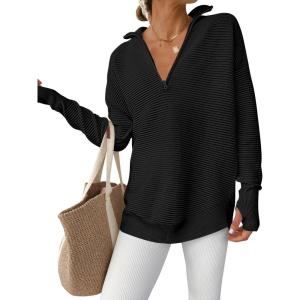 ANRABESS Womens Long Sleeve Quarter Zip Pullover Sweater Casual Loose V Neck Collared Ribbed Knit Jumper Tops Thumb Hole(Black)