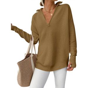 ANRABESS Womens Long Sleeve Quarter Zip Pullover Sweater Casual Loose V Neck Collared Ribbed Knit Jumper Tops Thumb Hole(Brown)