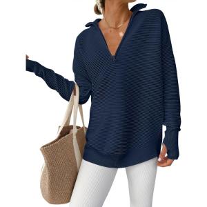 ANRABESS Womens Long Sleeve Quarter Zip Pullover Sweater Casual Loose V Neck Collared Ribbed Knit Jumper Tops Thumb Hole(Dark Blue)