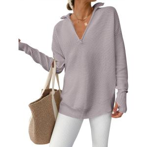ANRABESS Womens Long Sleeve Quarter Zip Pullover Sweater Casual Loose V Neck Collared Ribbed Knit Jumper Tops Thumb Hole(Gray Apricot)